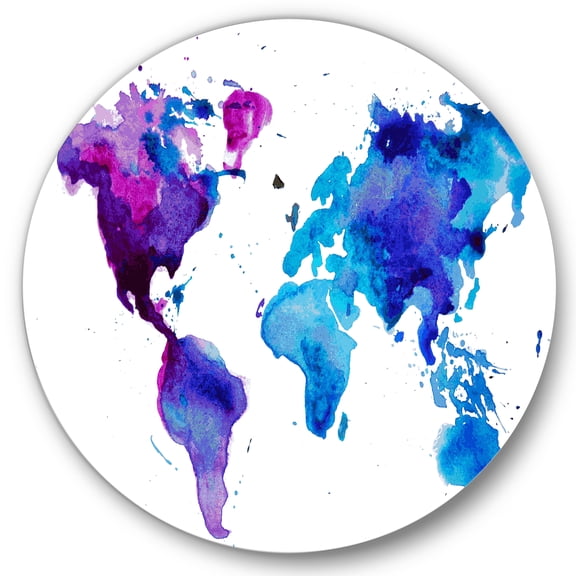 Designart 'Blue and Purple Map Of The World' Modern Circle Metal Wall Art 11x11 - Disc of 11
