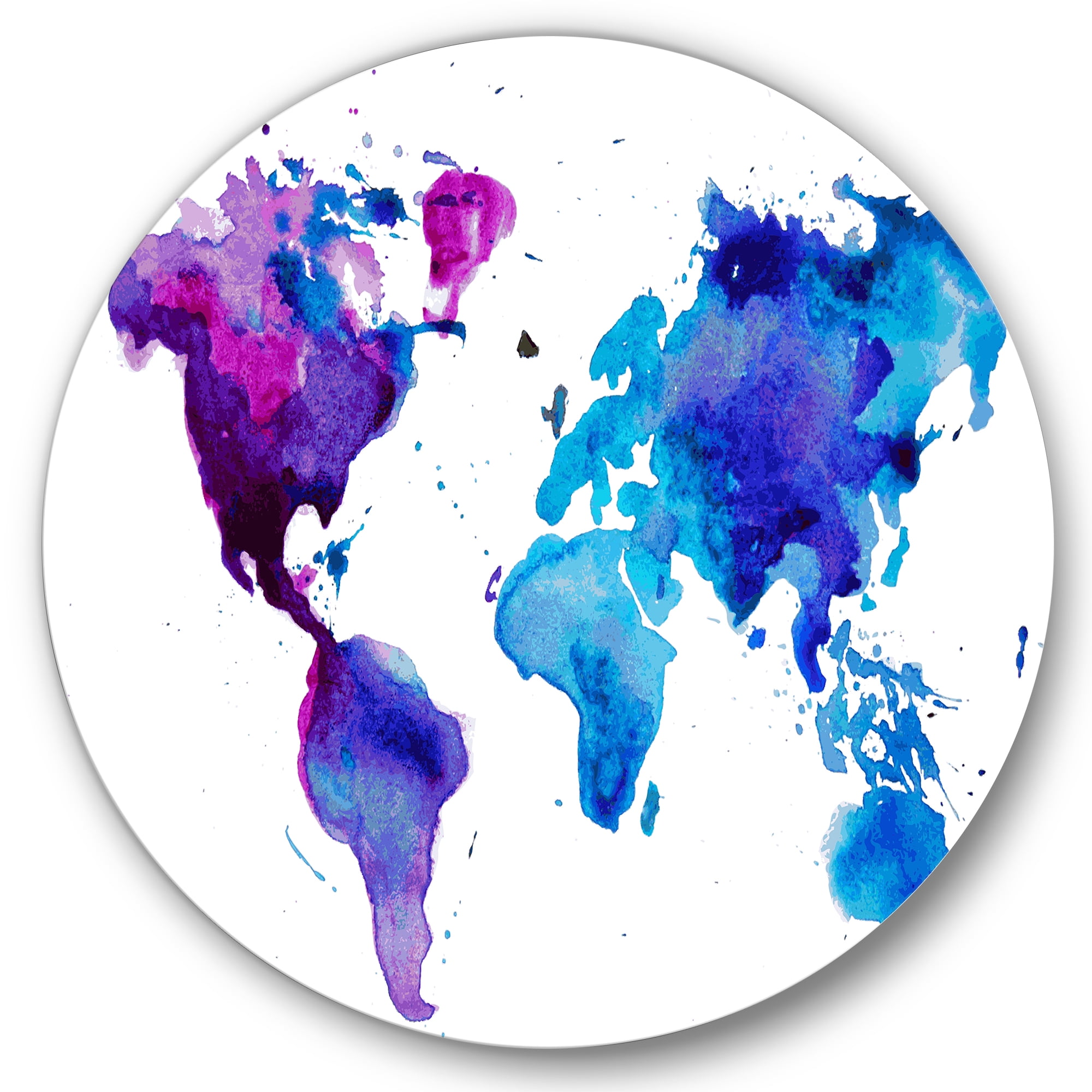 Designart 'Blue and Purple Map Of The World' Modern Circle Metal Wall Art 36x36 - Disc of 36