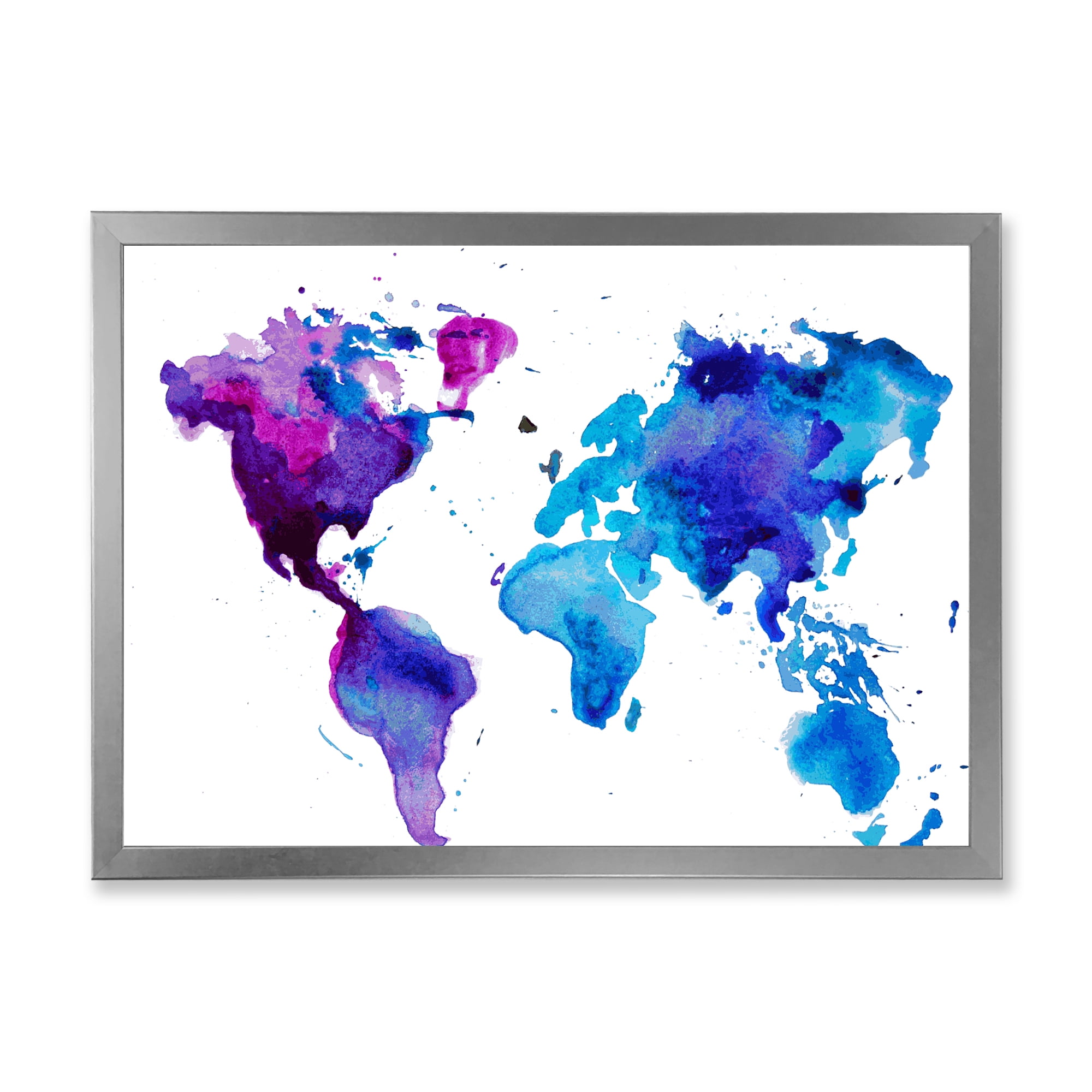 Designart 'Blue and Purple Map Of The World' Modern Framed Art Print