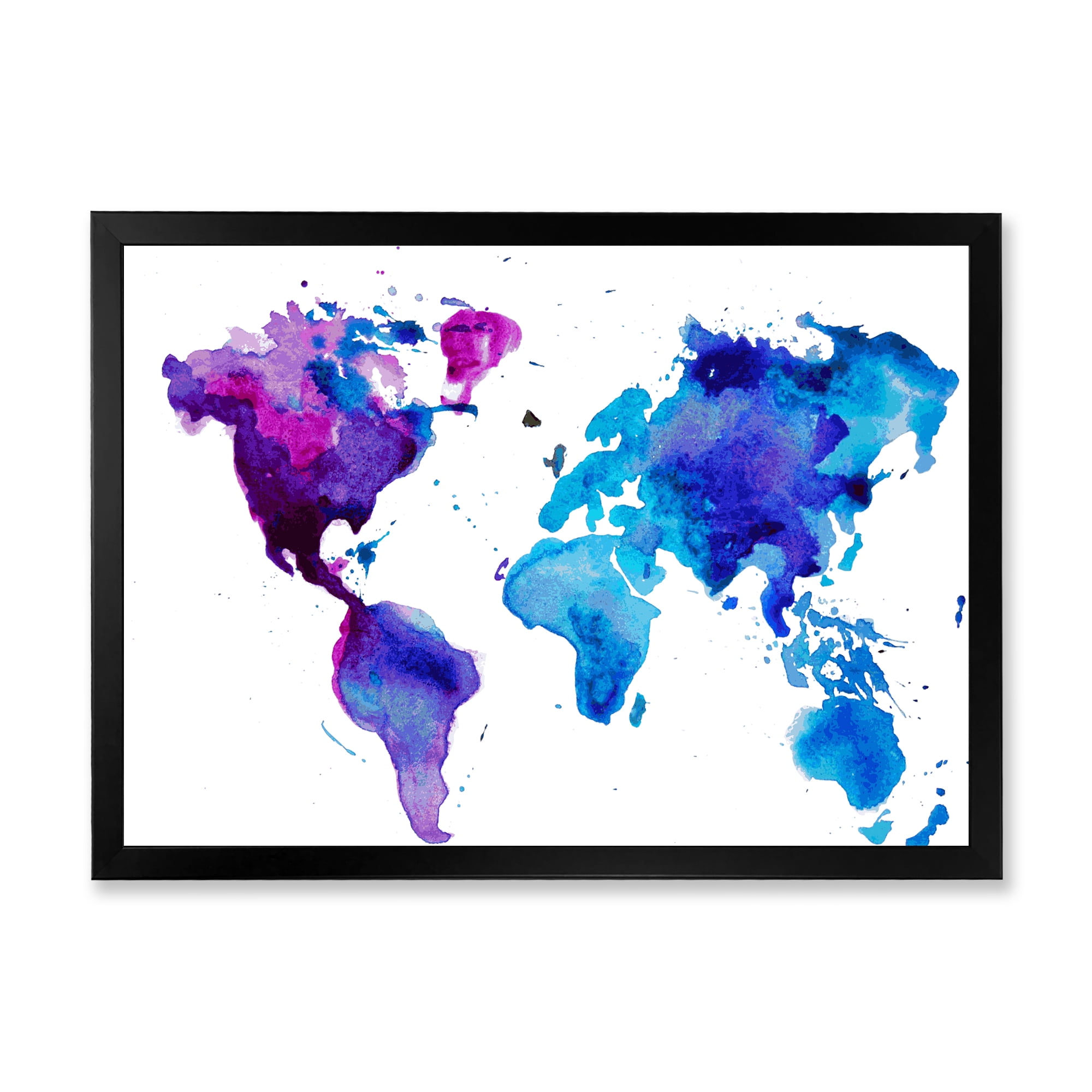 Designart 'Blue and Purple Map Of The World' Modern Framed Art Print