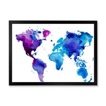 Designart 'Blue and Purple Map Of The World' Modern Framed Art Print