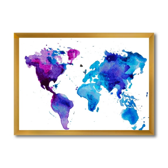 Designart 'Blue and Purple Map Of The World' Modern Framed Art Print