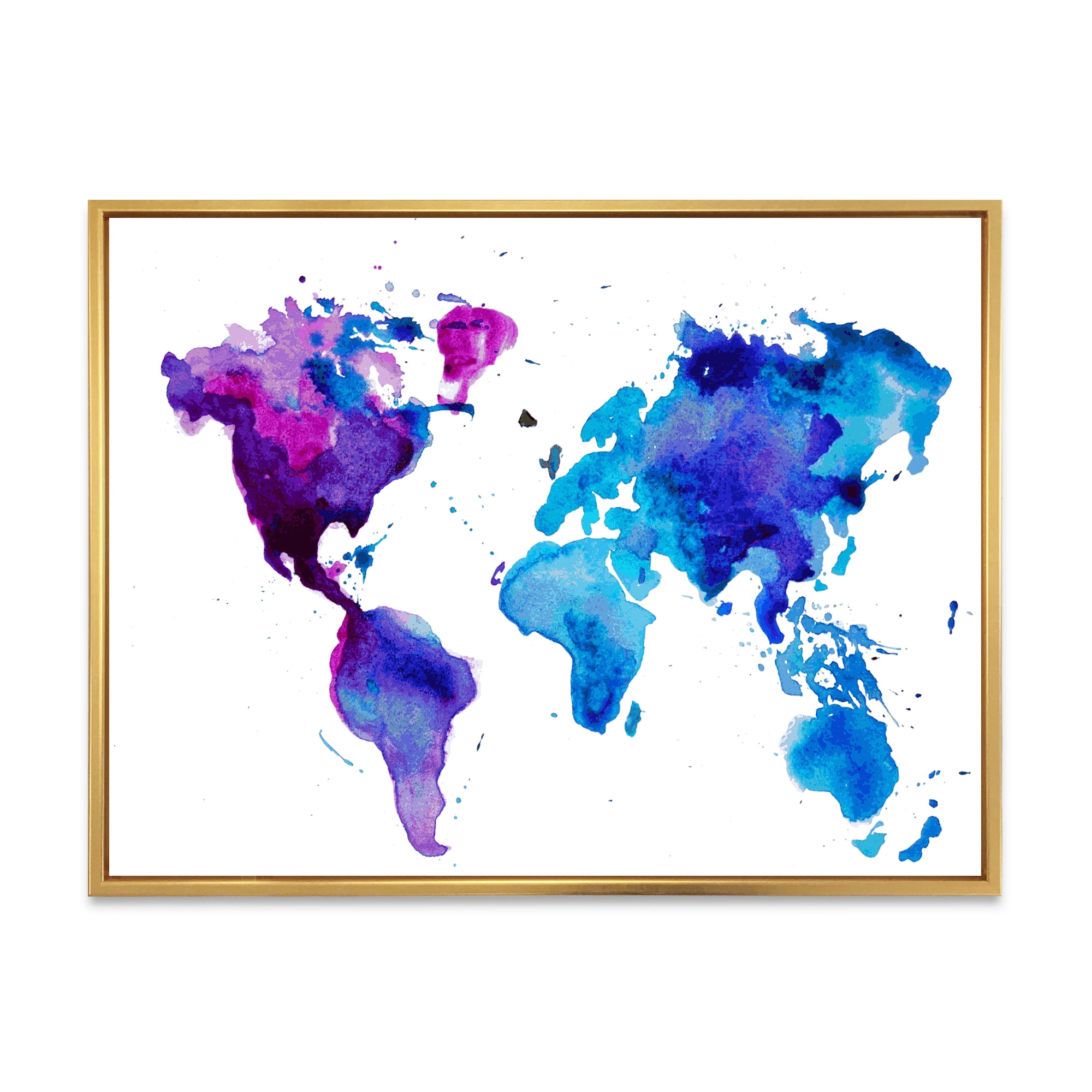 Designart 'Blue and Purple Map Of The World' Modern Framed Canvas Wall Art Print