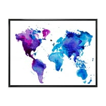 Designart 'Blue and Purple Map Of The World' Modern Framed Canvas Wall Art Print
