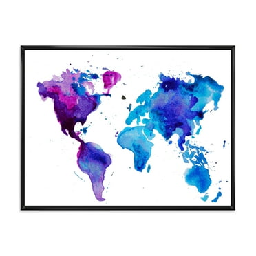 Designart 'Blue and Purple Map Of The World' Modern Framed Canvas Wall Art Print