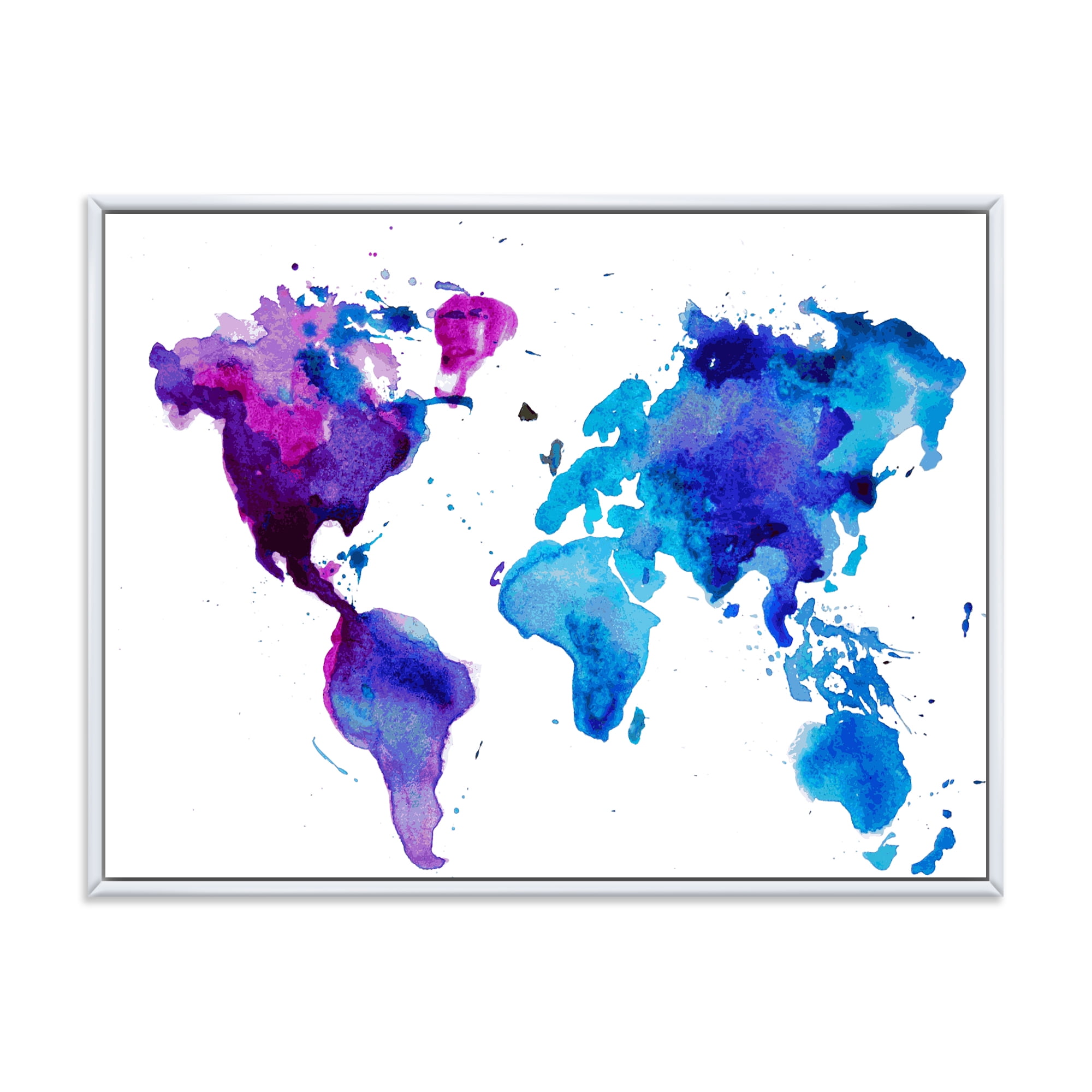 Designart 'Blue and Purple Map Of The World' Modern Framed Canvas Wall Art Print