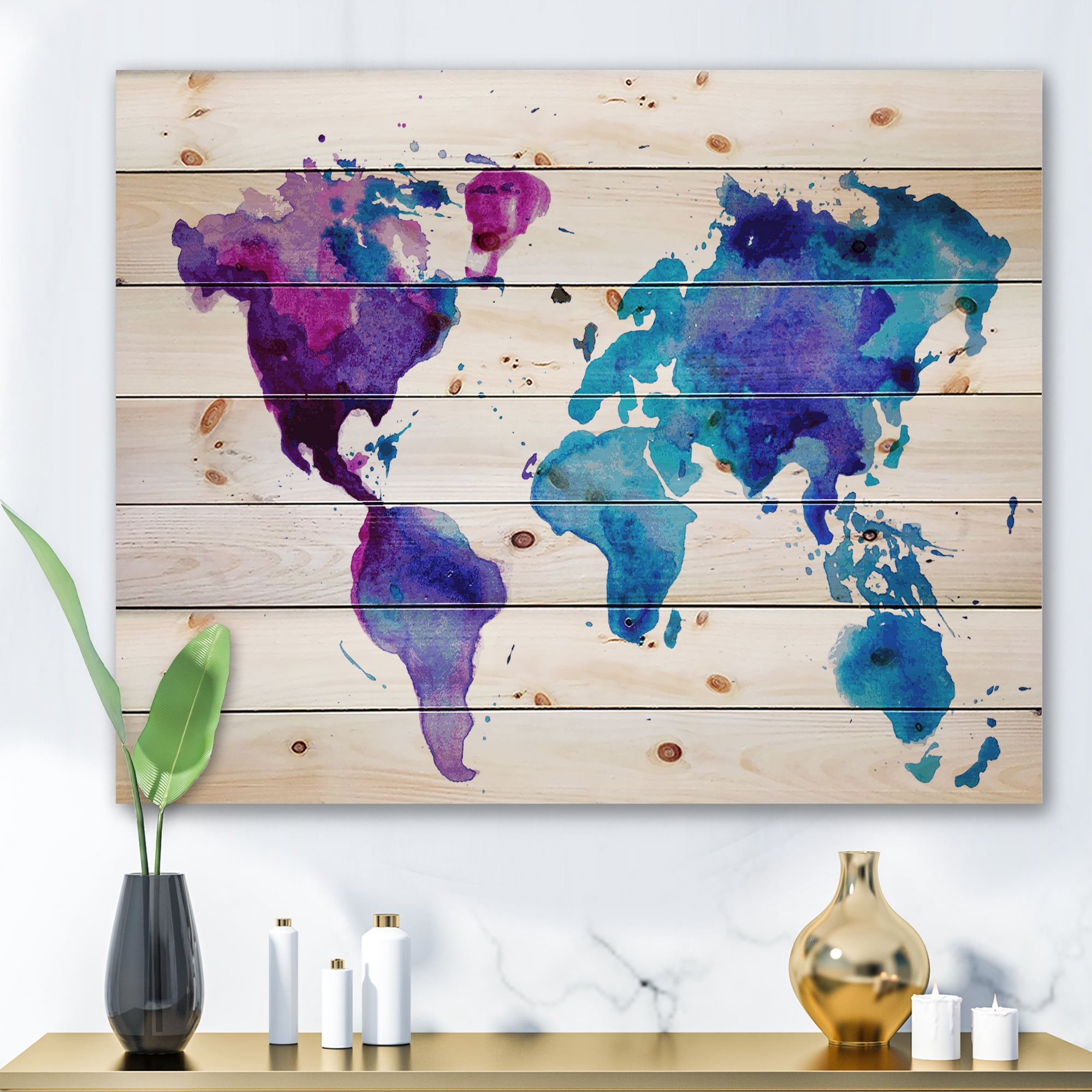 Designart 'Blue and Purple Map Of The World' Modern Print on Natural Pine Wood