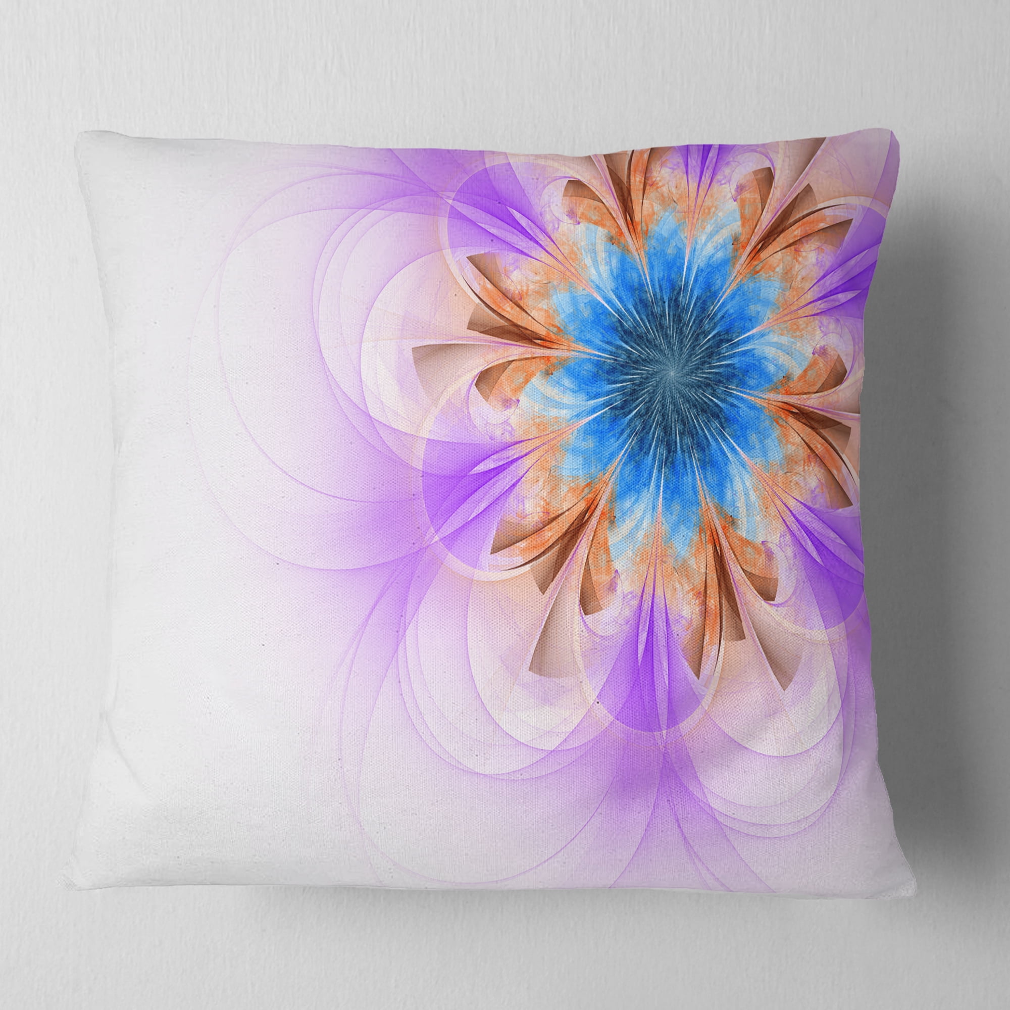 Designart Blue and Purple Symmetrical Fractal Flower - Floral Throw Pillow - 16x16