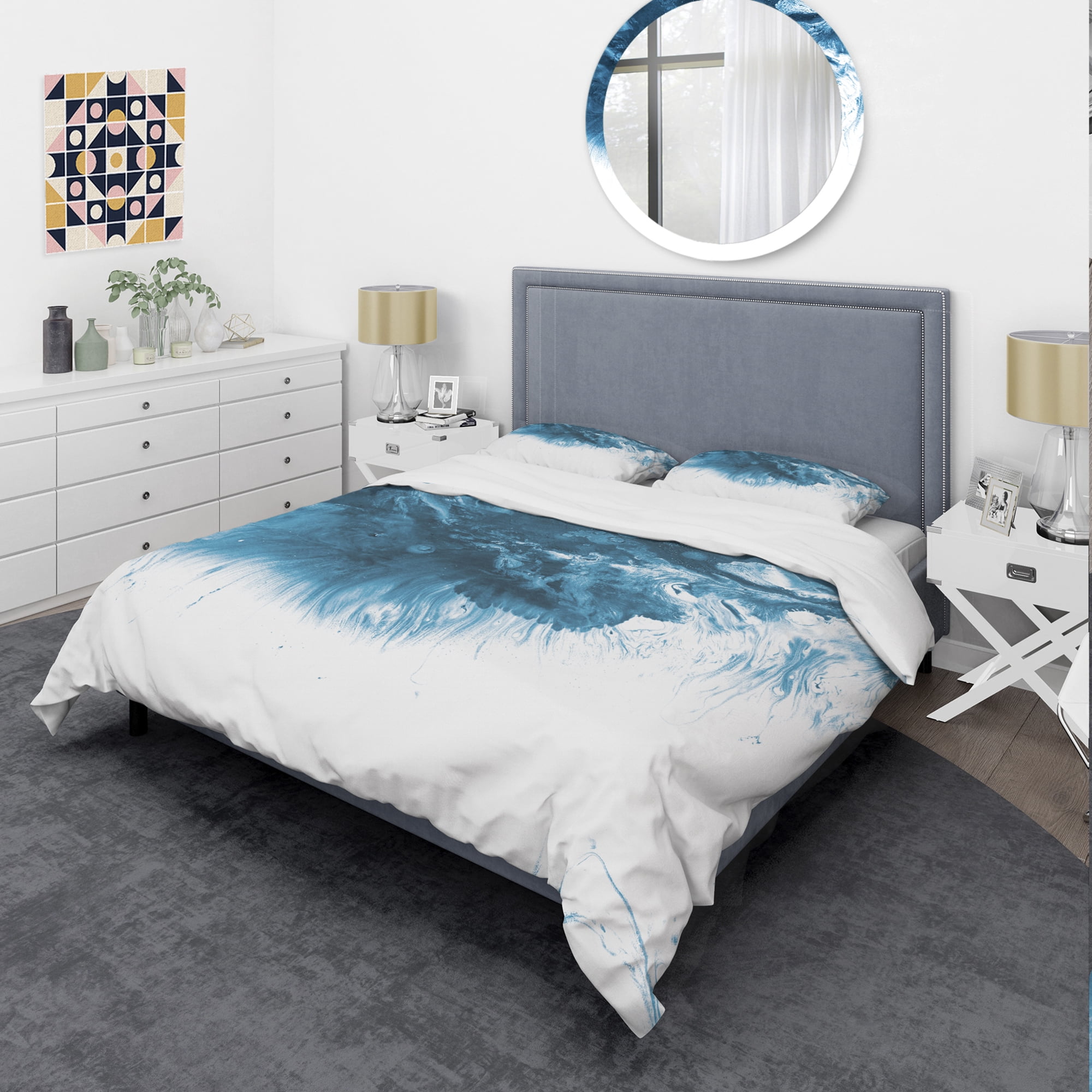 Designart 'Blue and White Hand Painted Marble Acrylic' Mid-Century Modern Duvet Cover Set