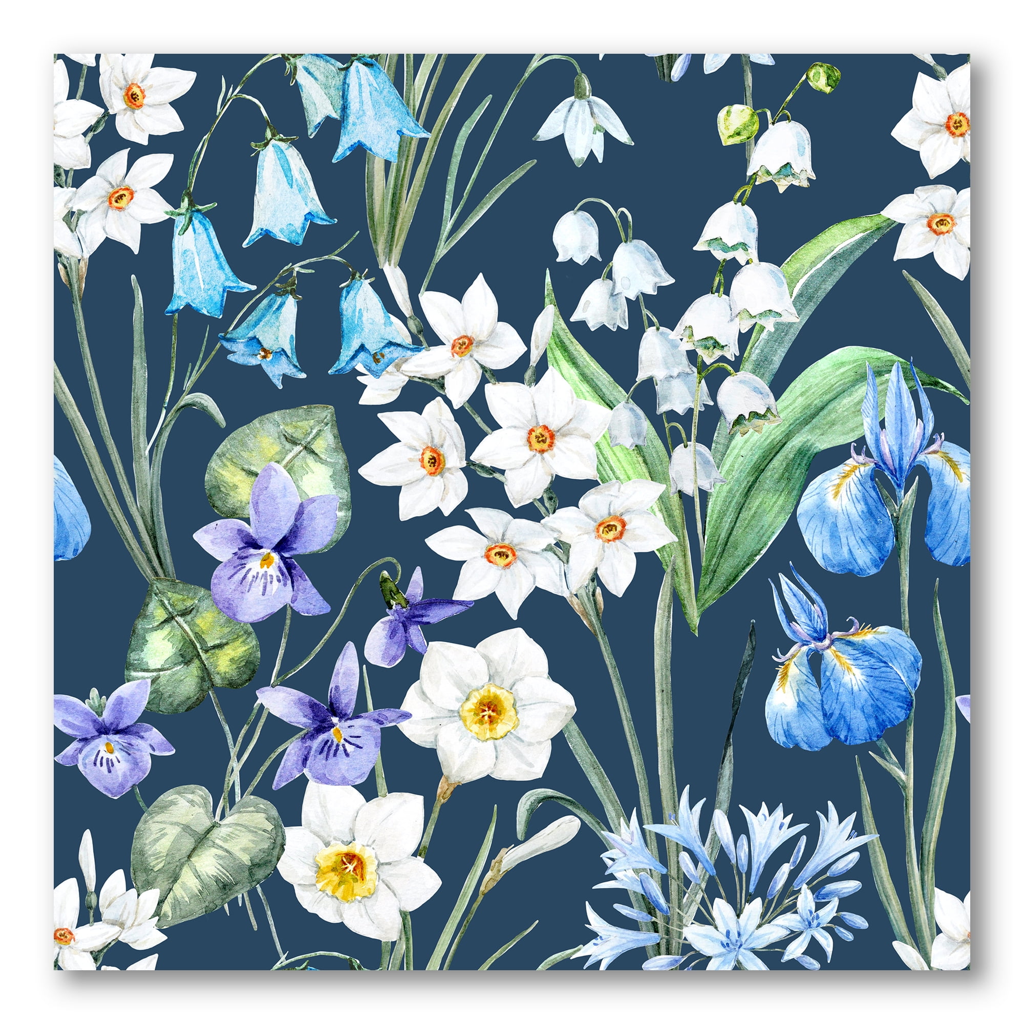 Designart ' Blue and White Spring Flowers On Dark Blue ' Traditional Canvas Wall Art Print