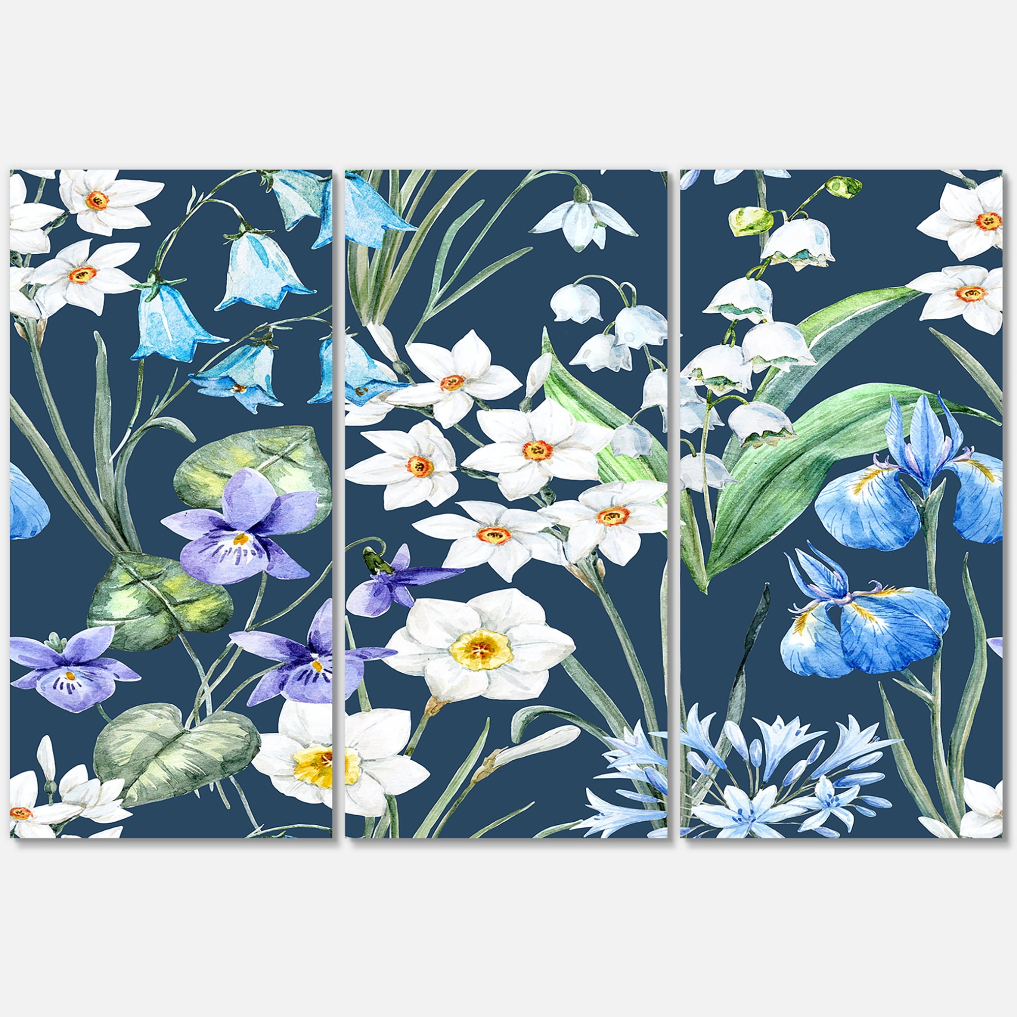 Designart ' Blue and White Spring Flowers On Dark Blue ' Traditional Canvas Wall Art Print