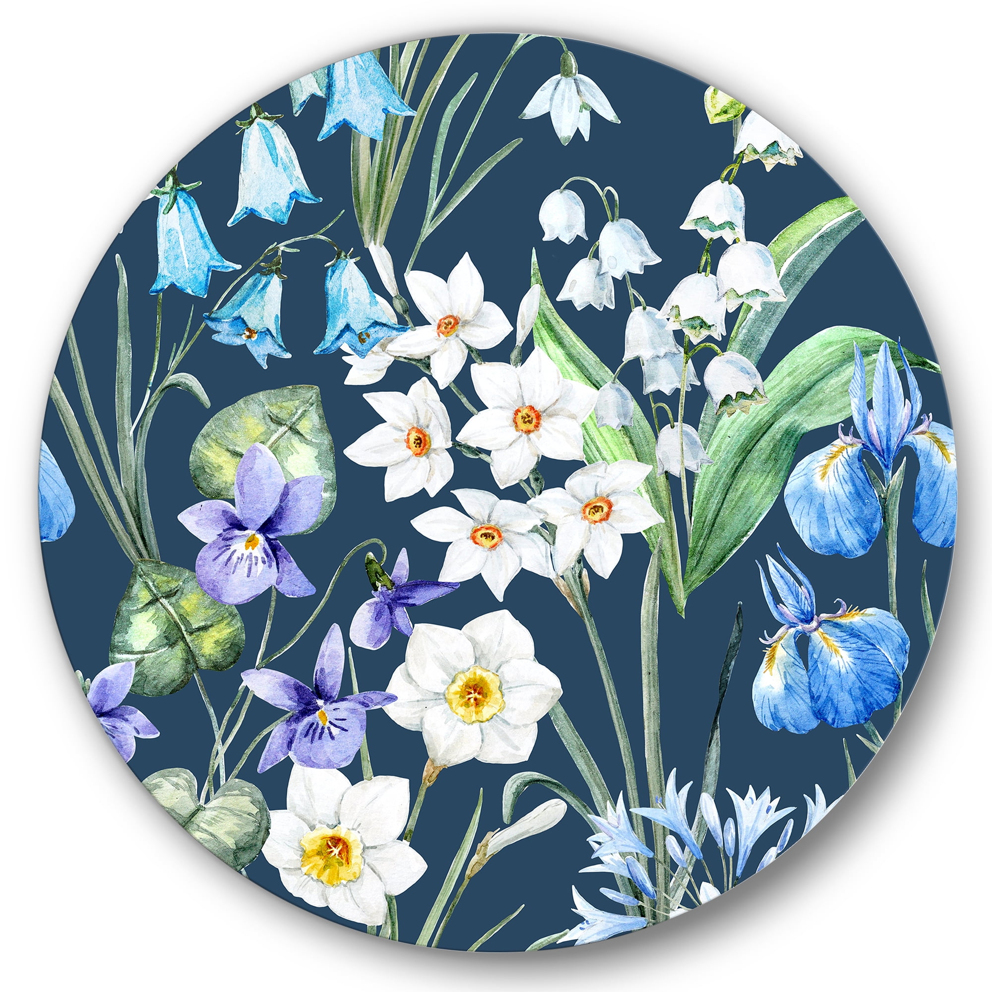 Designart 'Blue and White Spring Flowers On Dark Blue' Traditional Circle Metal Wall Art 29x29 - Disc of 29