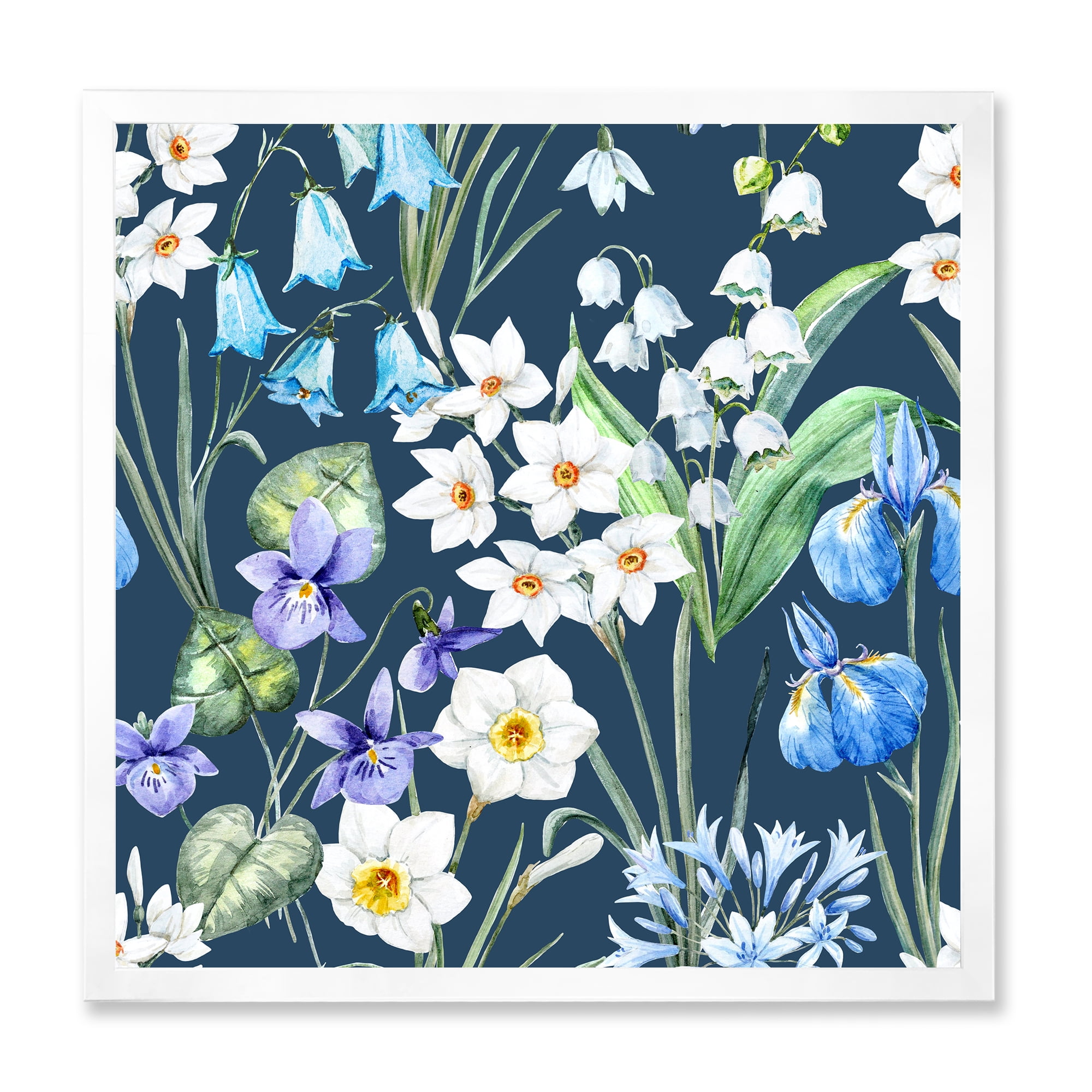 Designart 'Blue and White Spring Flowers On Dark Blue' Traditional Framed Art Print