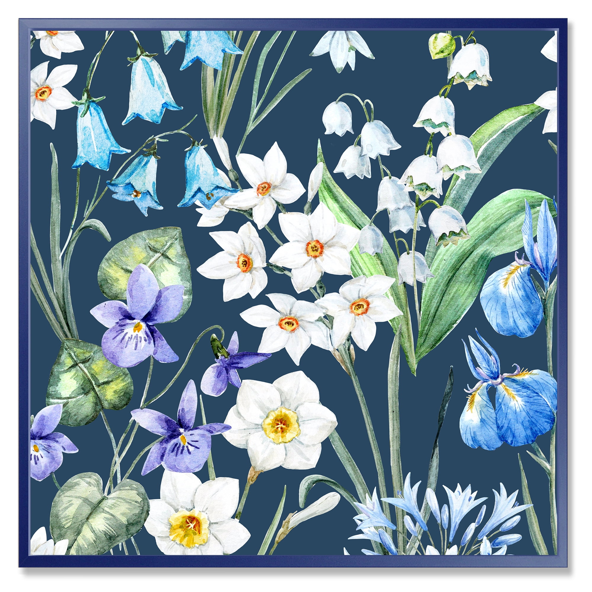 Designart 'Blue and White Spring Flowers On Dark Blue' Traditional Framed Canvas Wall Art Print