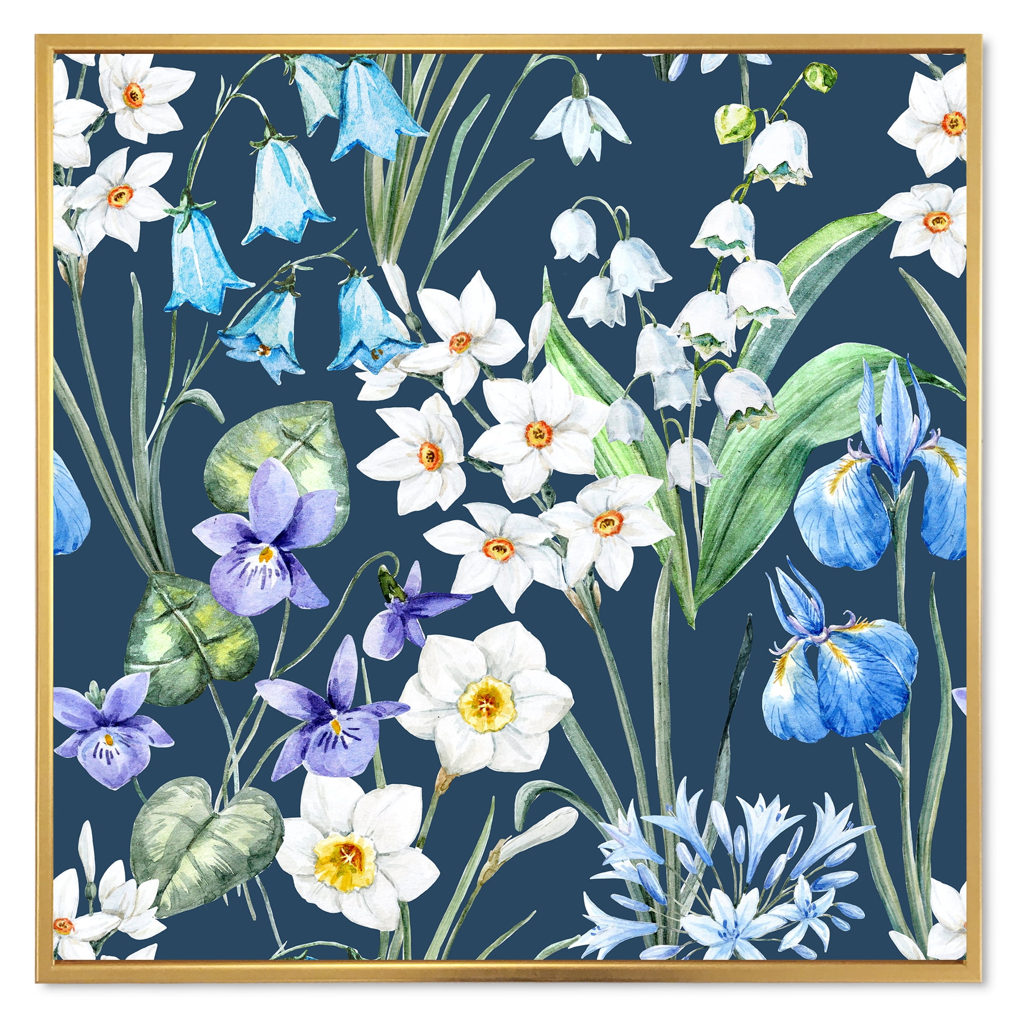 Designart 'Blue and White Spring Flowers On Dark Blue' Traditional Framed Canvas Wall Art Print