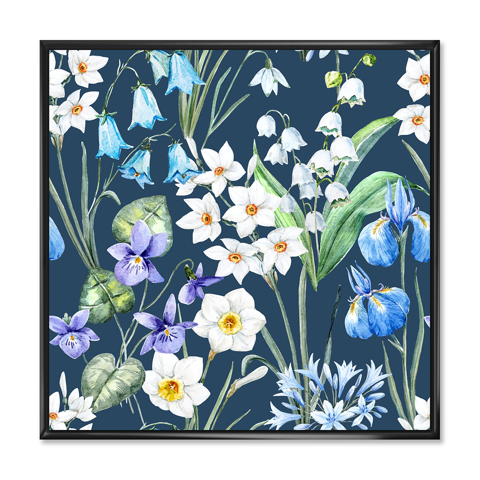 Designart 'Blue and White Spring Flowers On Dark Blue' Traditional Framed Canvas Wall Art Print