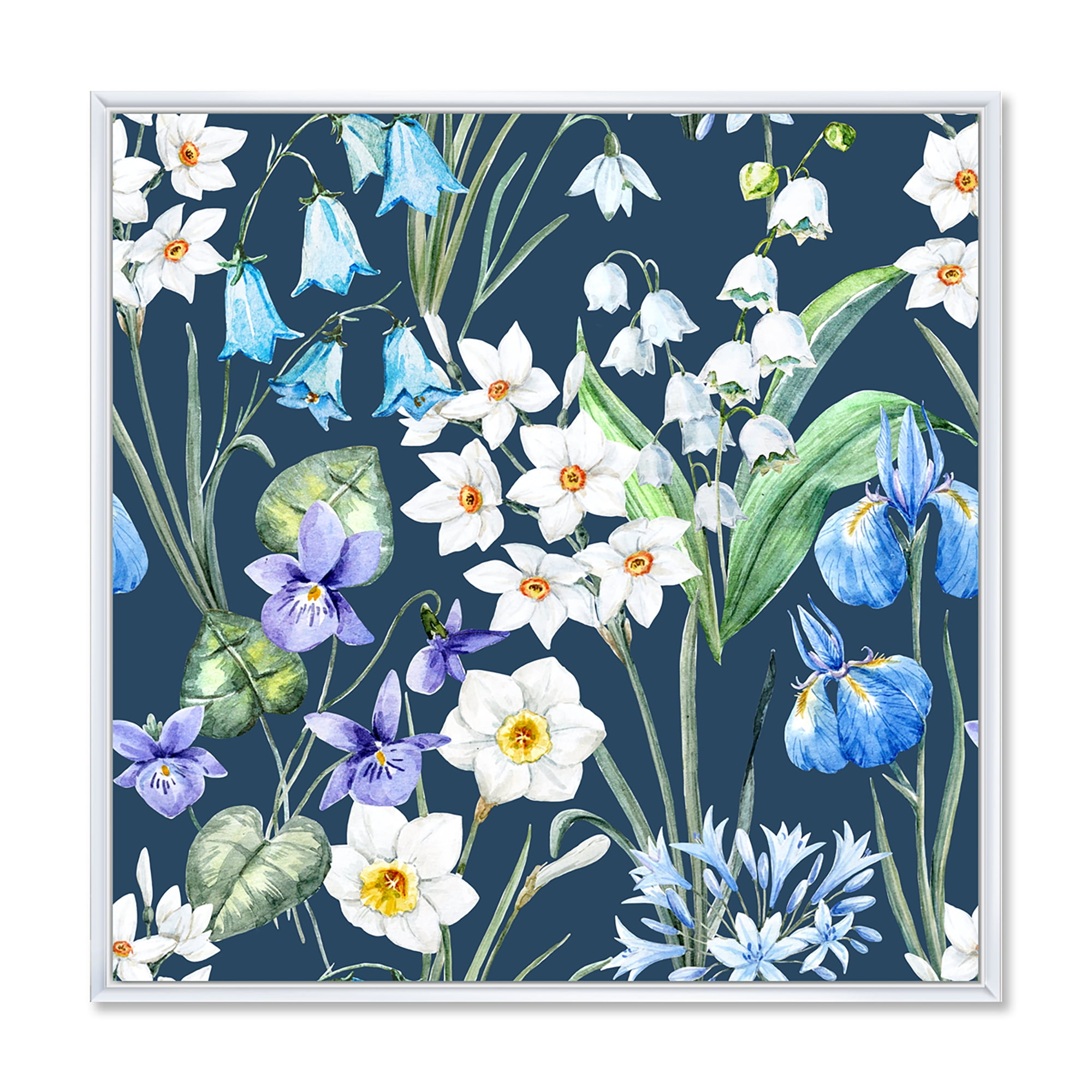 Designart 'Blue and White Spring Flowers On Dark Blue' Traditional Framed Canvas Wall Art Print