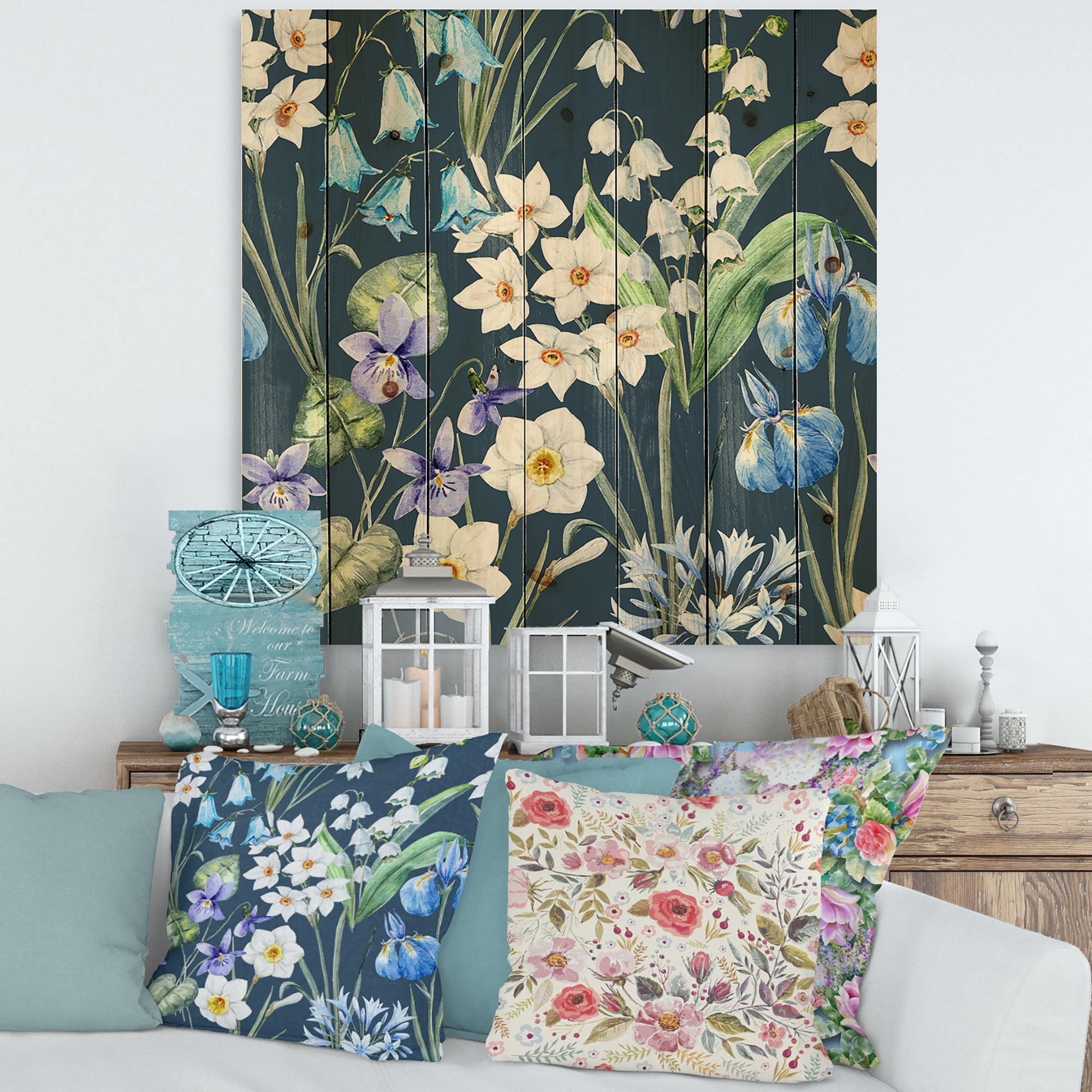 Designart 'Blue and White Spring Flowers On Dark Blue' Traditional Print on Natural Pine Wood
