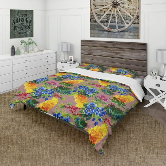Designart 'Blue and Yellow and Pink Flower with Little Red Berries' Abstract Duvet Cover Set