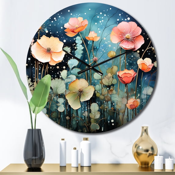 Designart "Blue captivate Gardens V" Abstract Botanicals Oversized Wall Clock