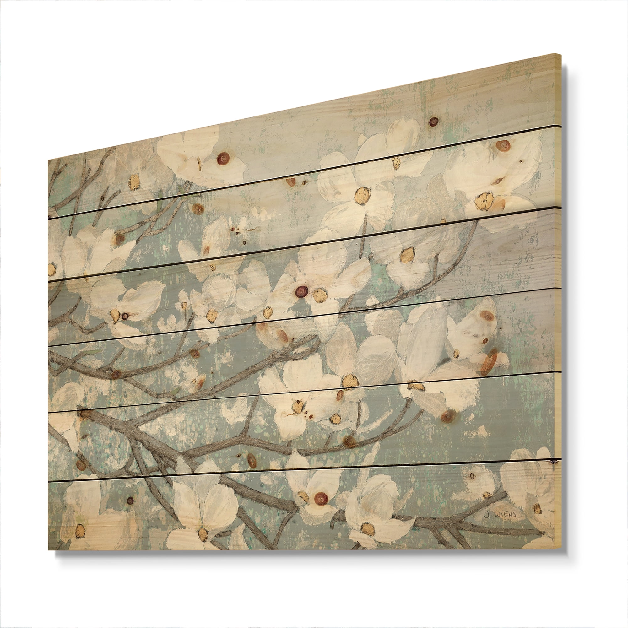 Designart 'Blue on Grey Blossoms Flower Branches' Traditional Print on Natural Pine Wood