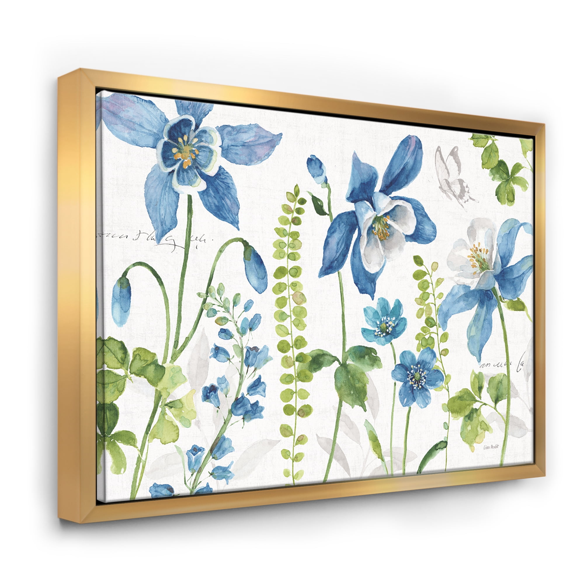 Designart ' Bluebell and Columbine Wild Flowers with Butterfly ' Cabin & Lodge Framed Canvas
