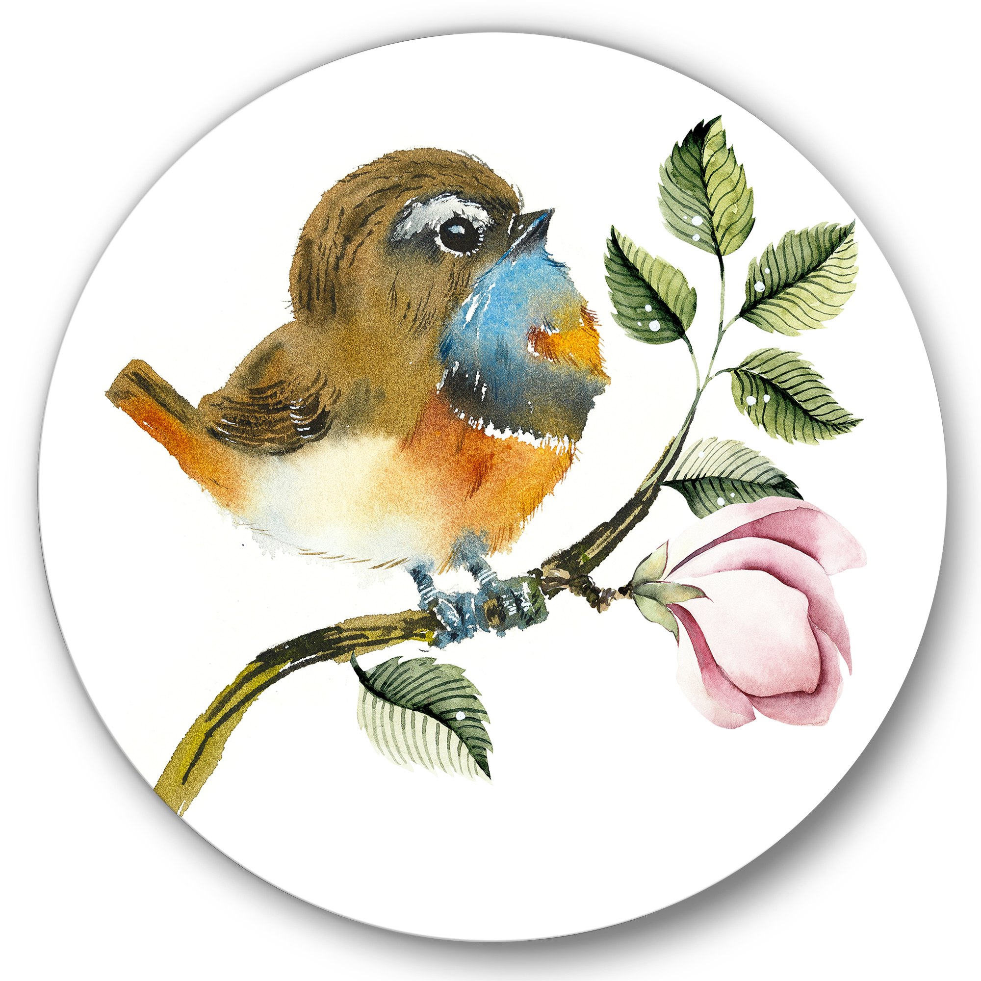 Designart 'Bluethroat Bird Sitting On A Branch' Traditional Circle Metal Wall Art 29x29 - Disc of 29