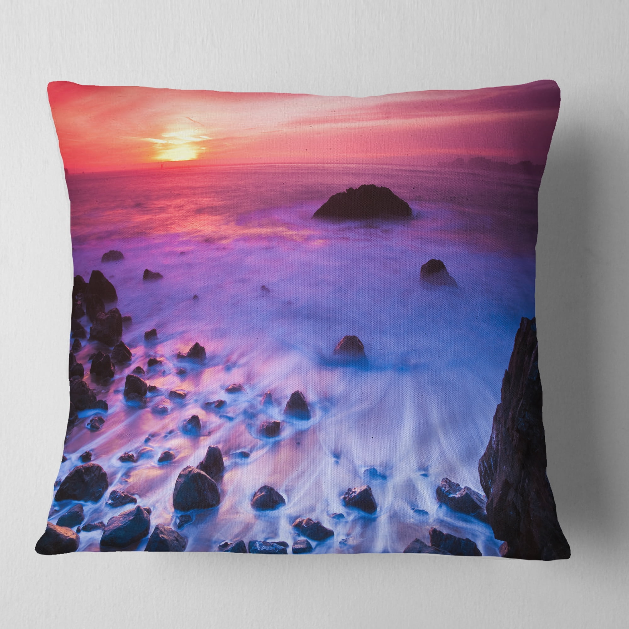 Designart Bluish Waters at Sunset Panorama - Modern Seashore Throw Pillow - 16x16