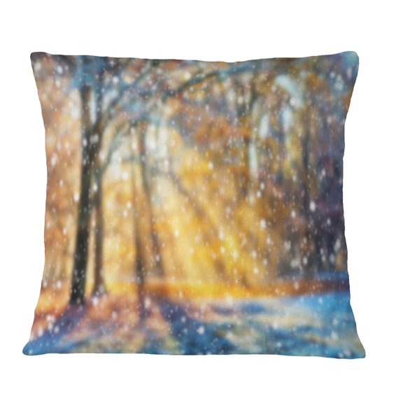 Designart Blur Winter with Snow Flakes - Landscape Printed Throw Pillow - 18x18