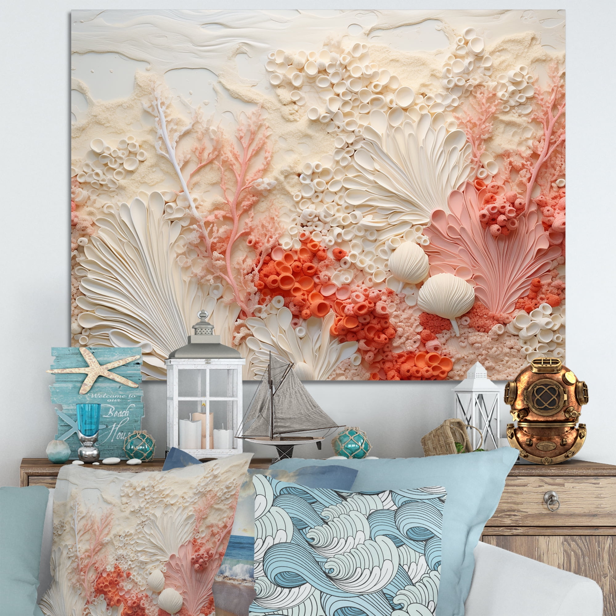 Designart "Blush And Ivory Seashore Coral Mosaic V" Coastal Coral Under