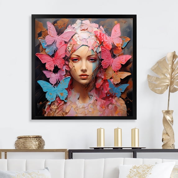 Designart "Blush Butterfly Lady Fashion Portrait Grace I" Fashion Framed Wall Art Decor - Glam Pink Woman Fashion Photography Bedroom Framed Canvas Wall Art