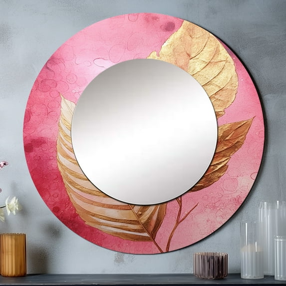 Designart "Blush Lustrous Foliage Fusion I" Floral Rund Mirror For Wall Decor - Large Pink Round Printed Mirror -Traditional Round Living Room Mirror - 23" x 23"