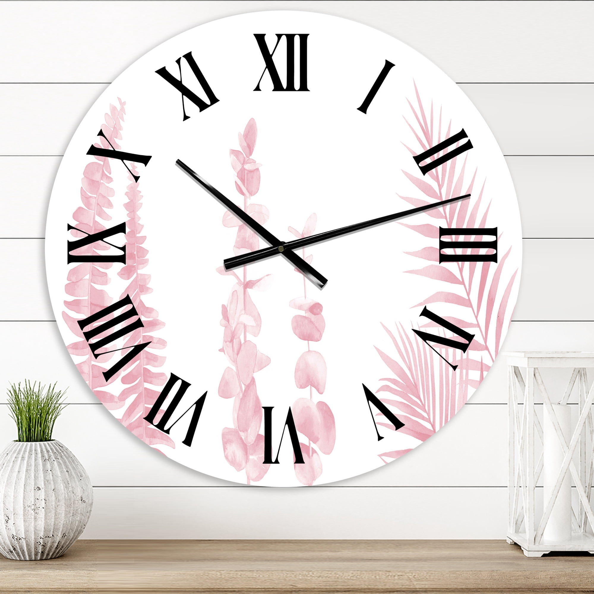 Designart 'Blush Pinkeucalyptus And Palm Branches' Shabby Chic Wall Clock
