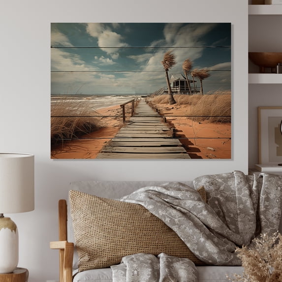 Designart "Boardwalk Scene in Florida" Nautical & Beach Print on Natural Pine Wood