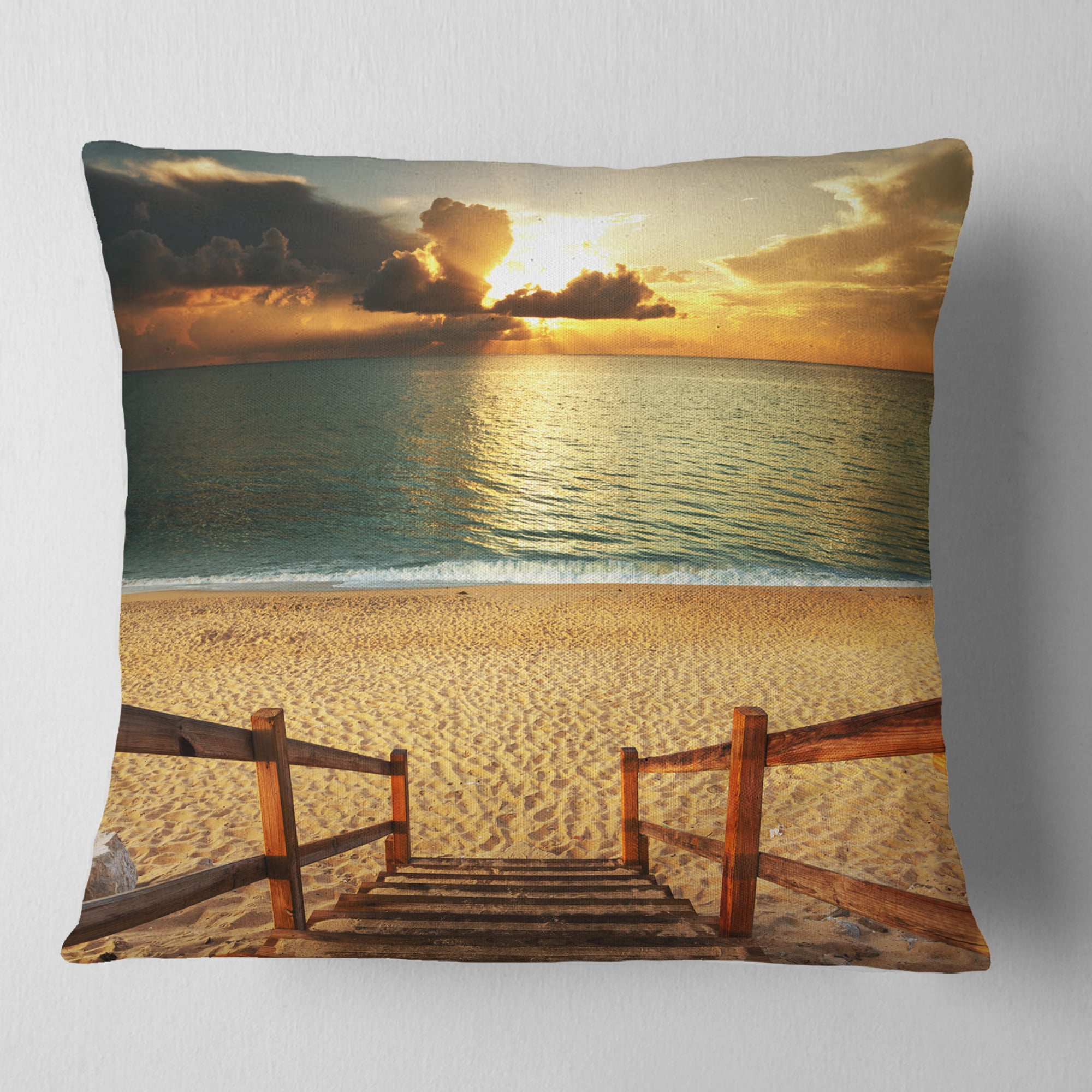 Designart Boardwalk Stair into Sandy Beach - Bridge Throw Pillow - 16x16