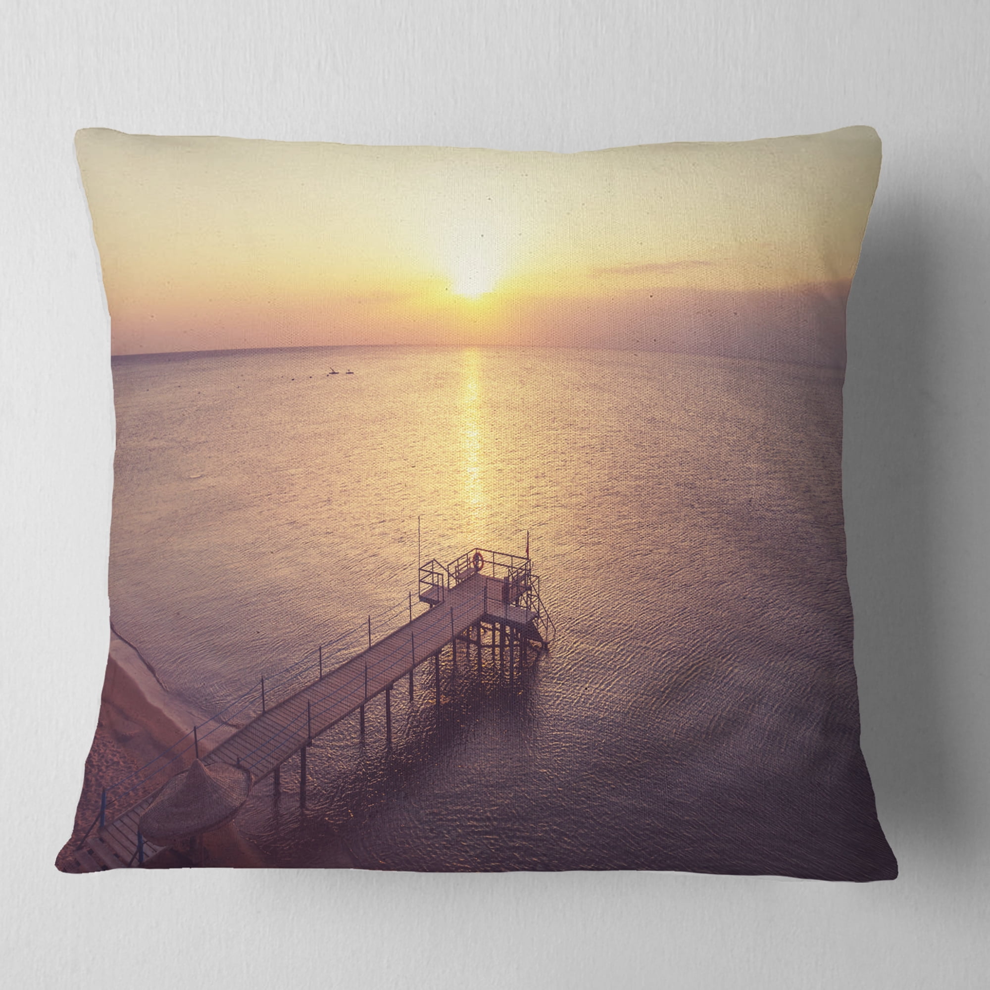 Designart Boardwalk over the Beach at Sunset - Bridge Throw Pillow - 16x16
