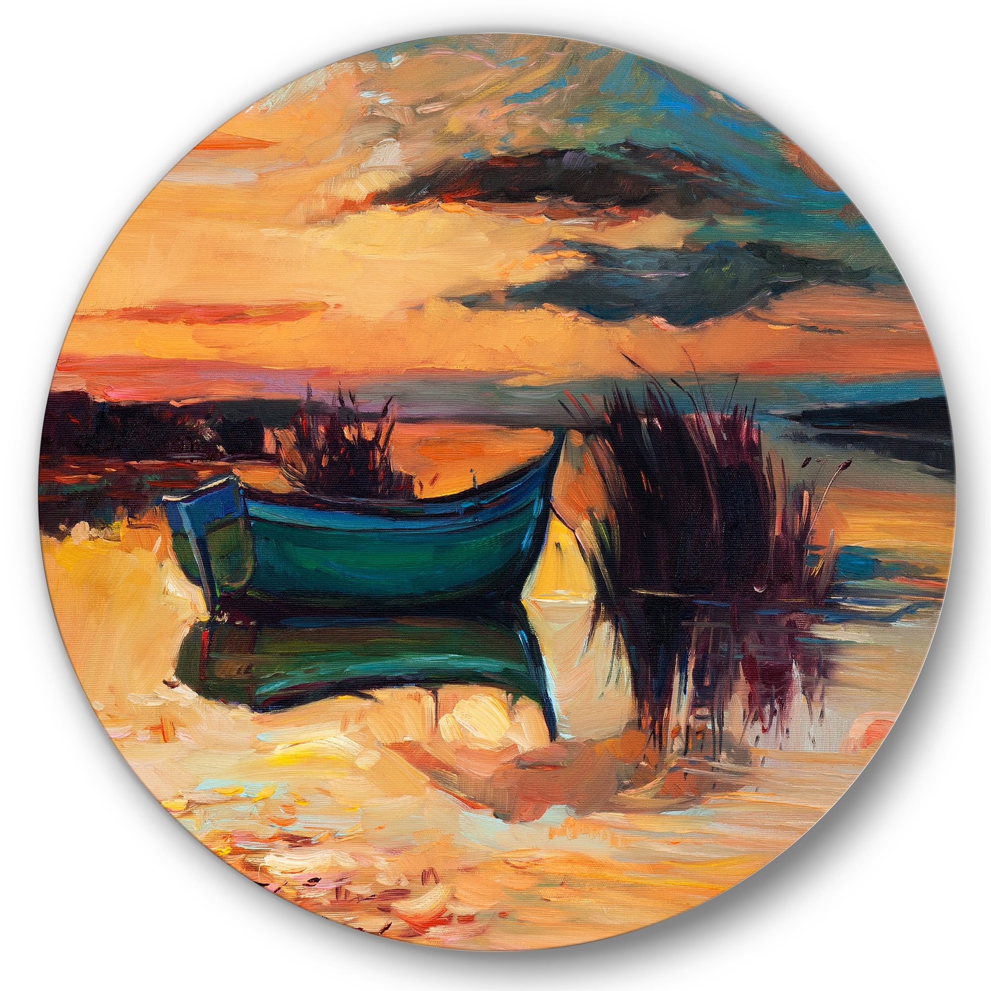 Designart 'Boat At The Lake During Evening Glow I' Nautical & Coastal Circle Metal Wall Art 11x11 - Disc of 11