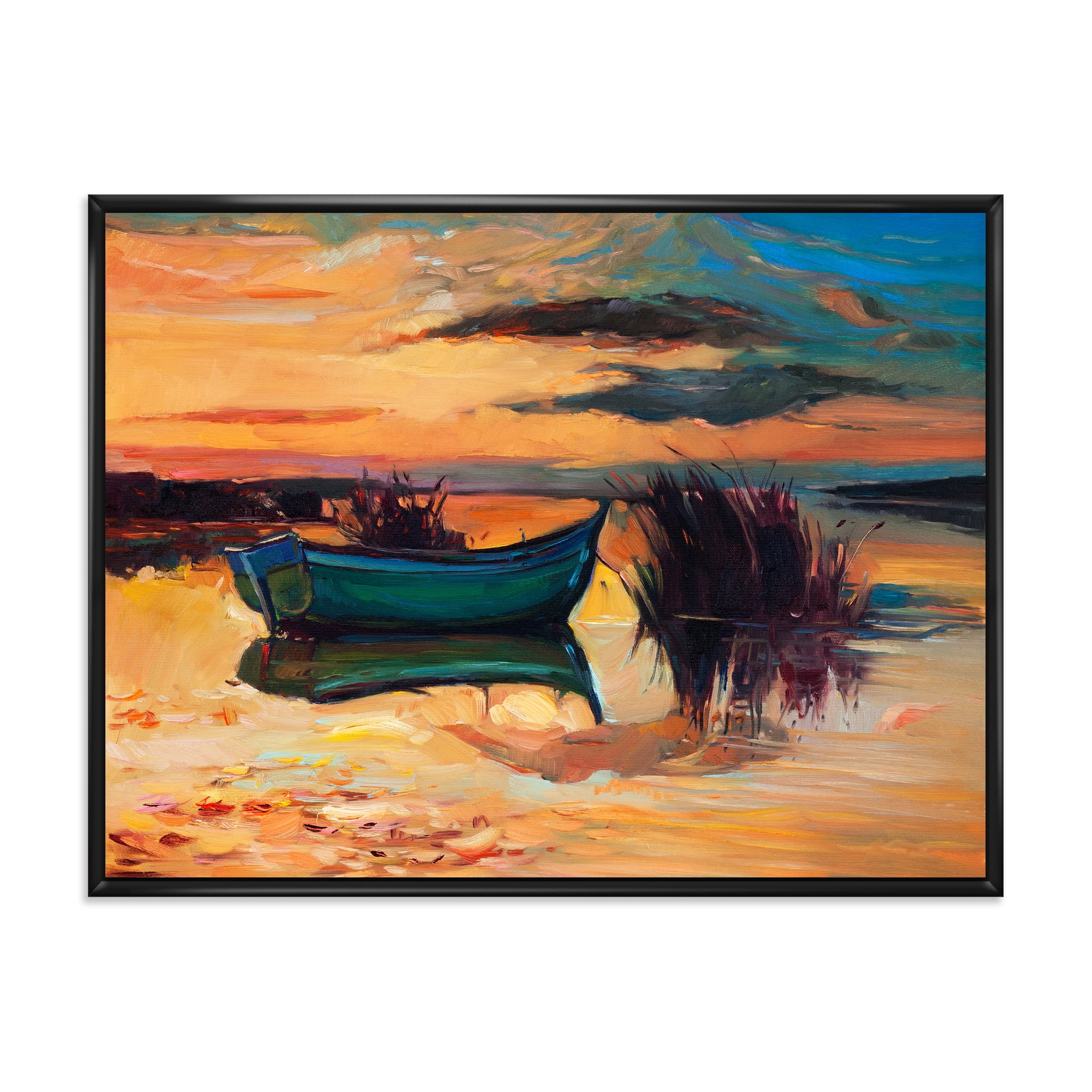 Designart 'Boat At The Lake During Evening Glow I' Nautical & Coastal Framed Canvas Wall Art Print