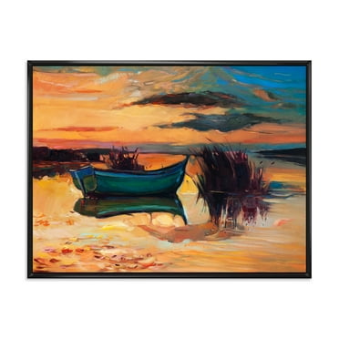Designart 'Boat At The Lake During Evening Glow I' Nautical & Coastal Framed Canvas Wall Art Print