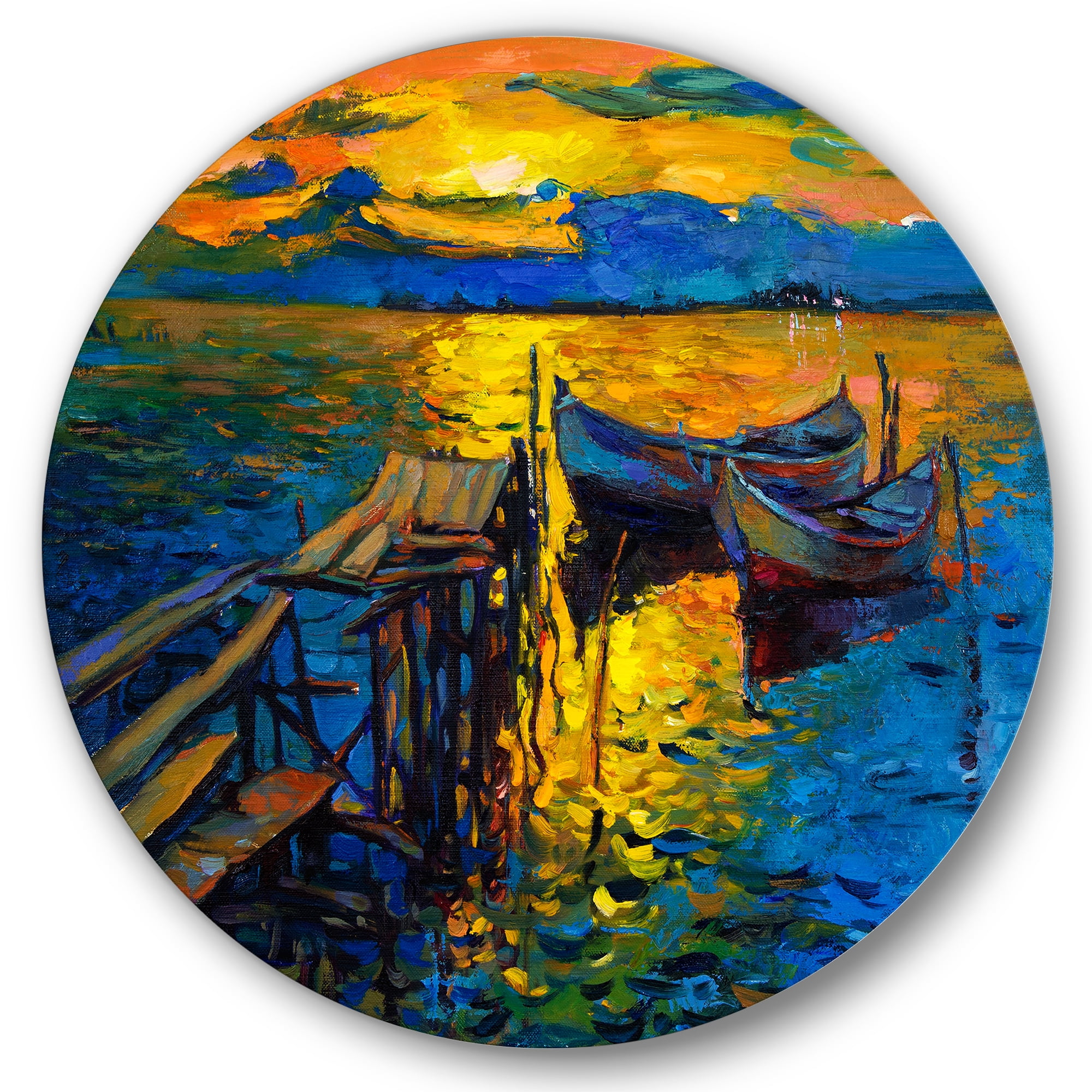 Designart 'Boat At The Lake During Evening Glow II' Nautical & Coastal Circle Metal Wall Art 23x23 - Disc of 23