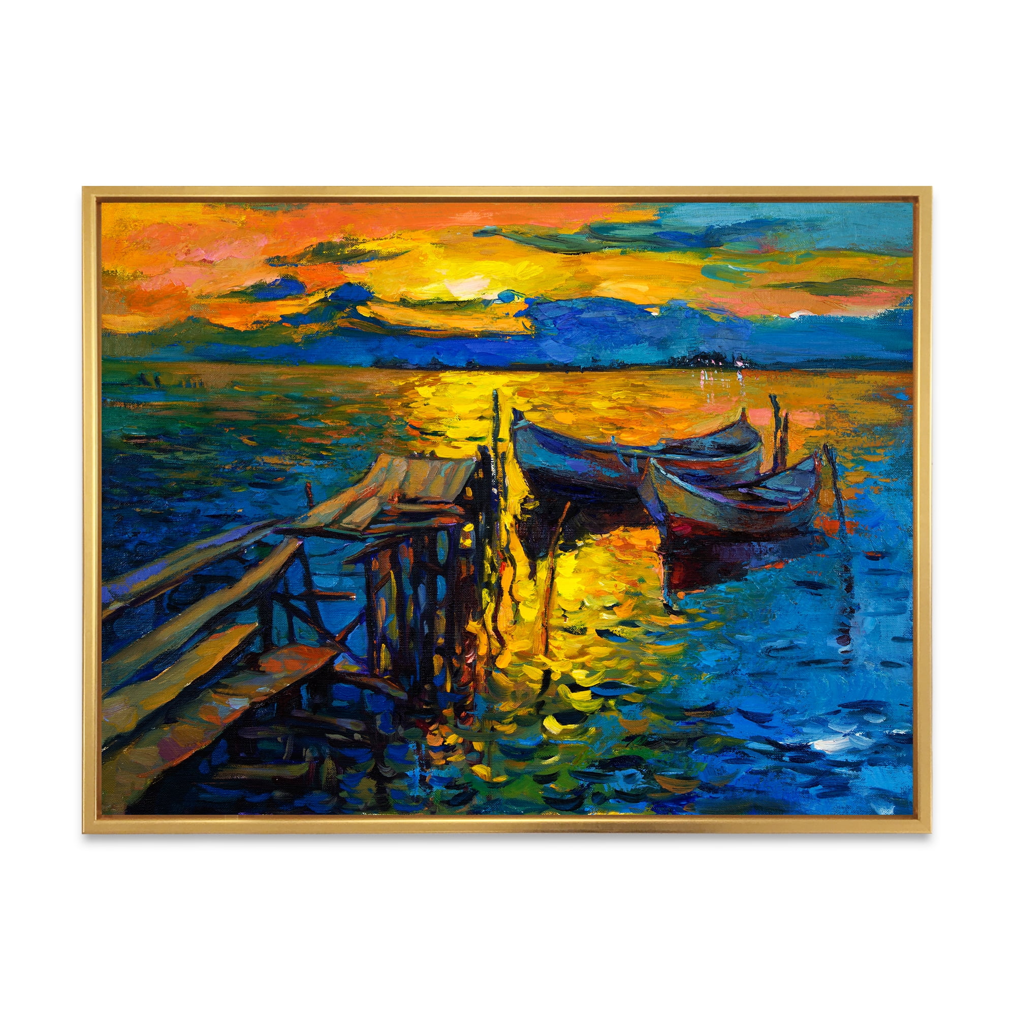 Designart 'Boat At The Lake During Evening Glow II' Nautical & Coastal Framed Canvas Wall Art Print