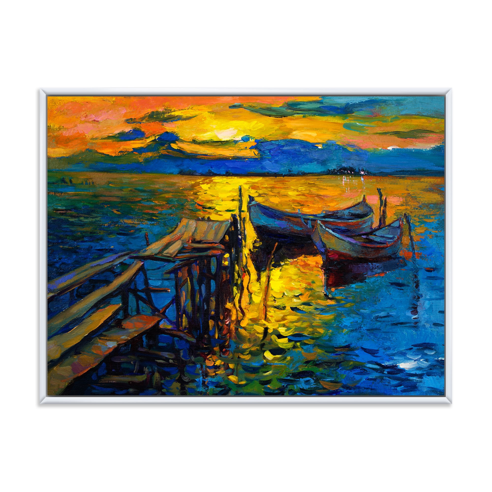 Designart 'Boat At The Lake During Evening Glow II' Nautical & Coastal Framed Canvas Wall Art Print