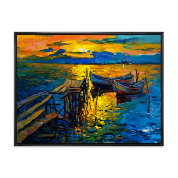 Designart 'Boat At The Lake During Evening Glow II' Nautical & Coastal Framed Canvas Wall Art Print