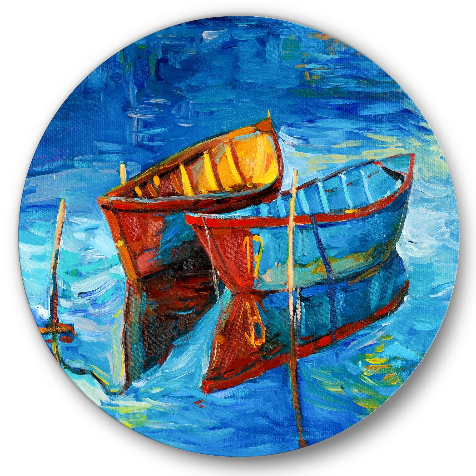 Designart 'Boat At The Lake During Evening Glow III' Nautical & Coastal Circle Metal Wall Art 11x11 - Disc of 11