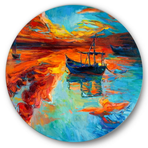 Designart 'Boat At The Lake During Evening Glow IV' Nautical & Coastal Circle Metal Wall Art 23x23 - Disc of 23