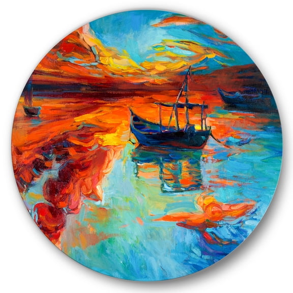 Designart 'Boat At The Lake During Evening Glow IV' Nautical & Coastal Circle Metal Wall Art 29x29 - Disc of 29