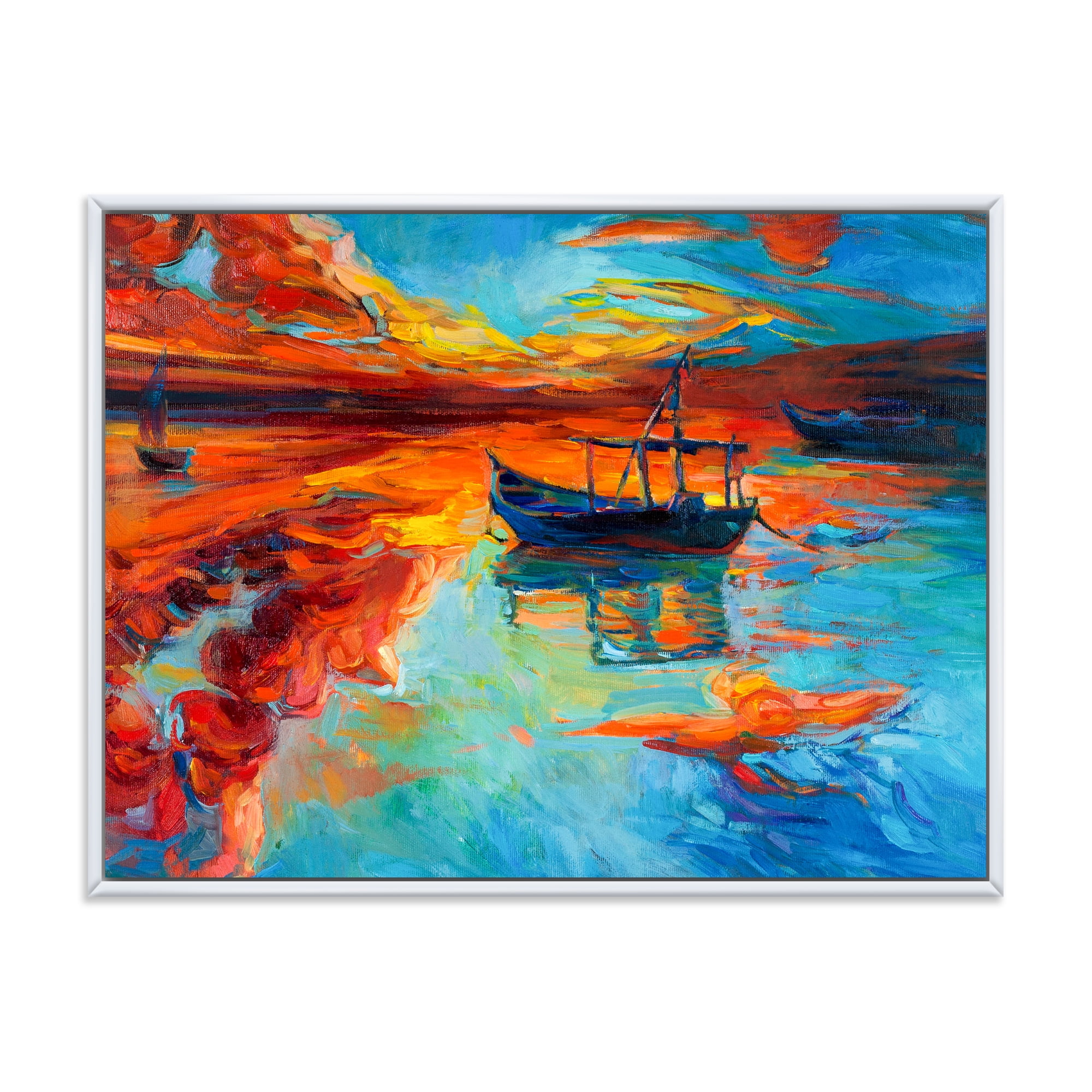 Designart 'Boat At The Lake During Evening Glow IV' Nautical & Coastal Framed Canvas Wall Art Print