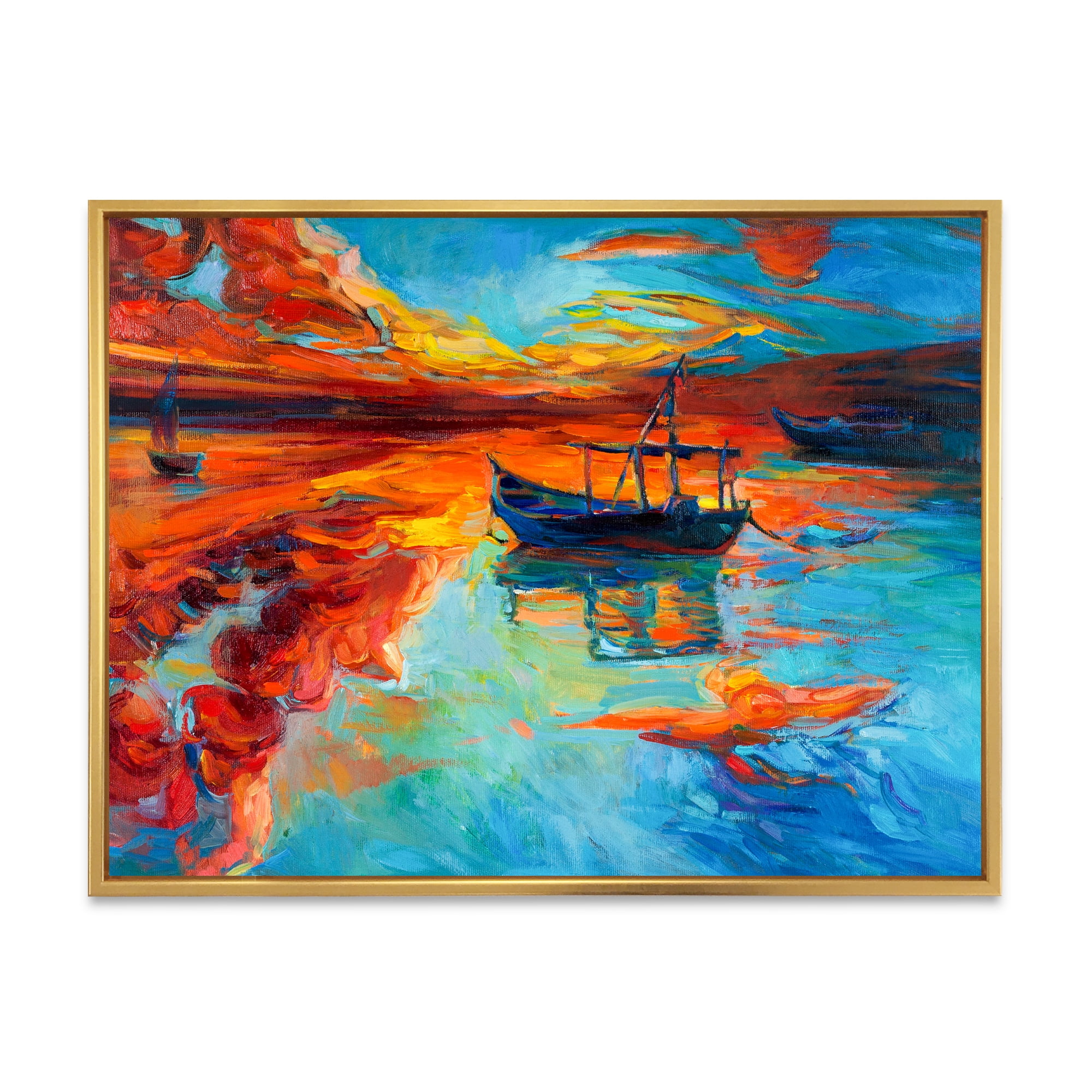 Designart 'Boat At The Lake During Evening Glow IV' Nautical & Coastal Framed Canvas Wall Art Print