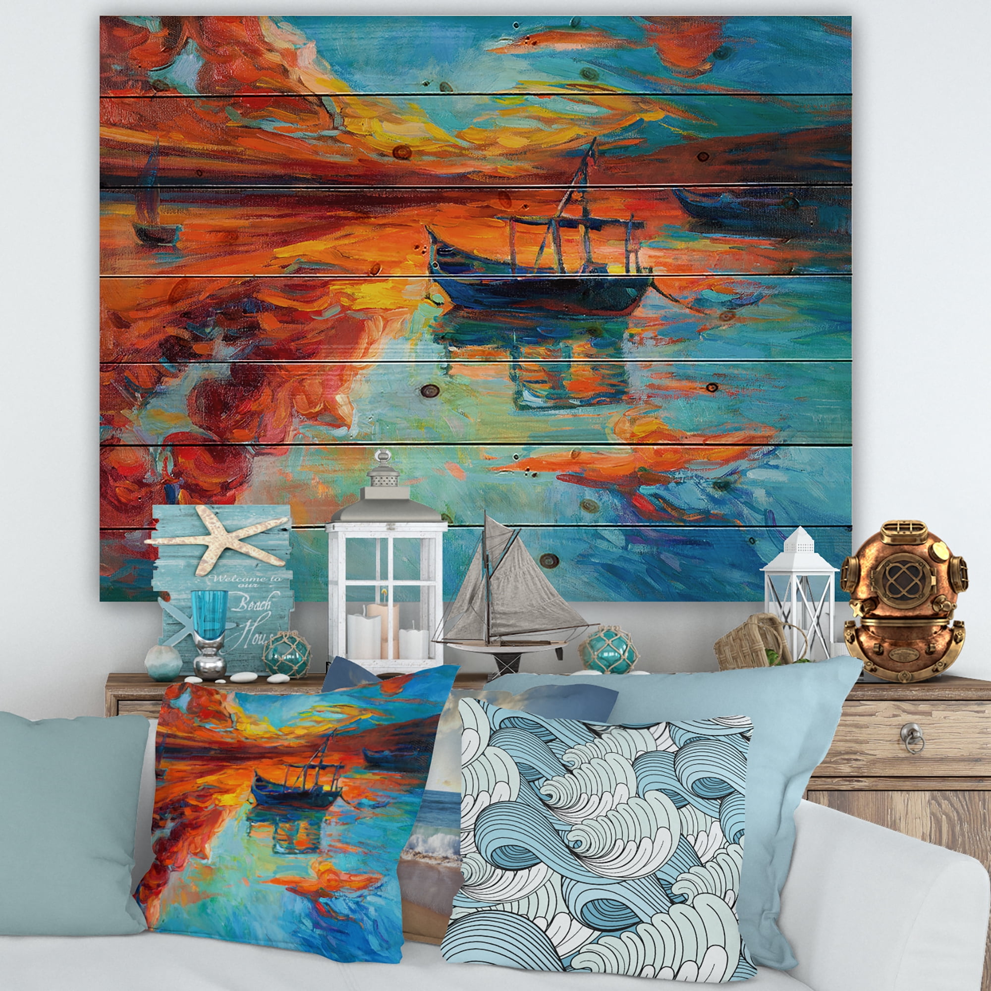 Designart 'Boat At The Lake During Evening Glow IV' Nautical & Coastal Print on Natural Pine Wood