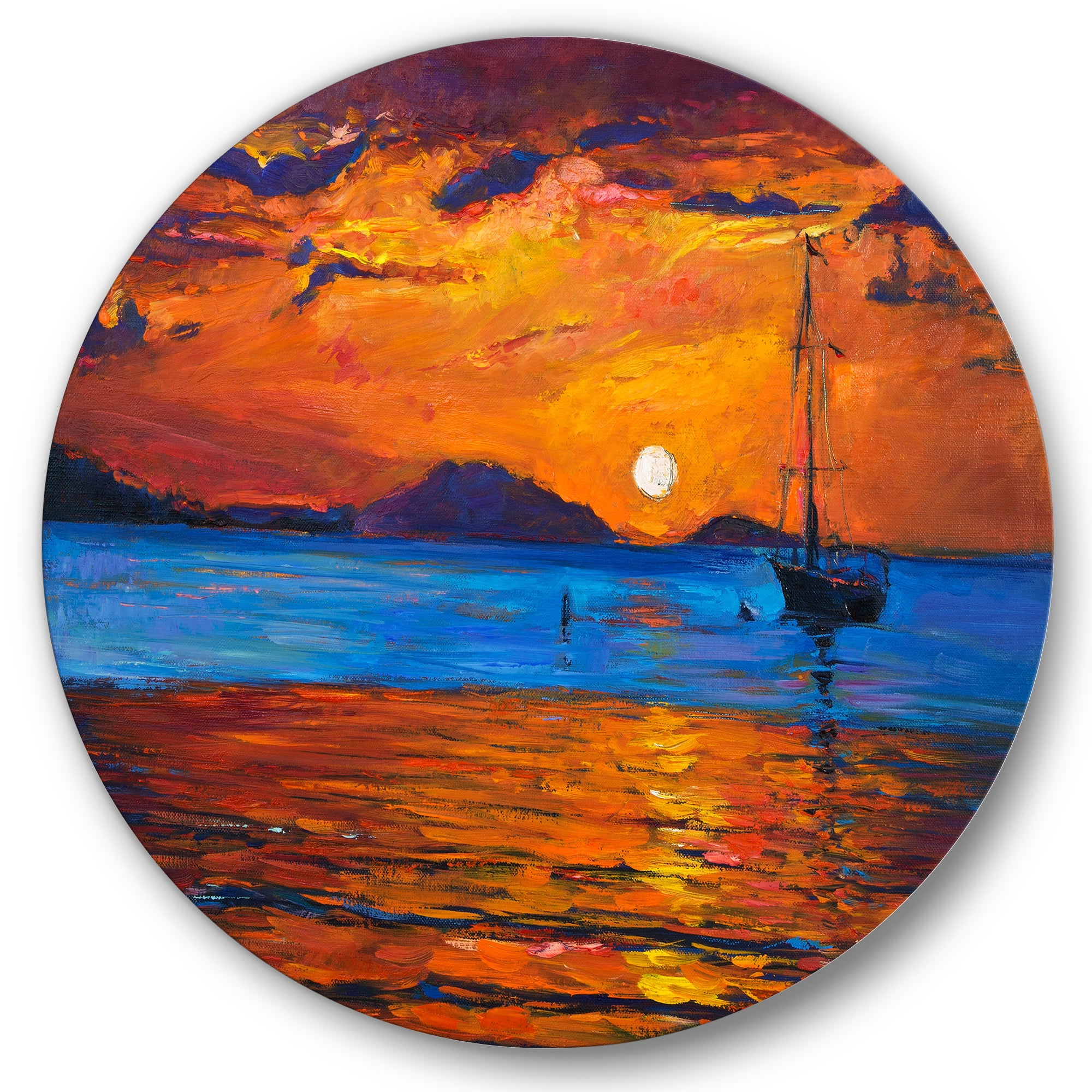Designart 'Boat At The Lake During Evening Glow IX' Nautical & Coastal Circle Metal Wall Art 23x23 - Disc of 23